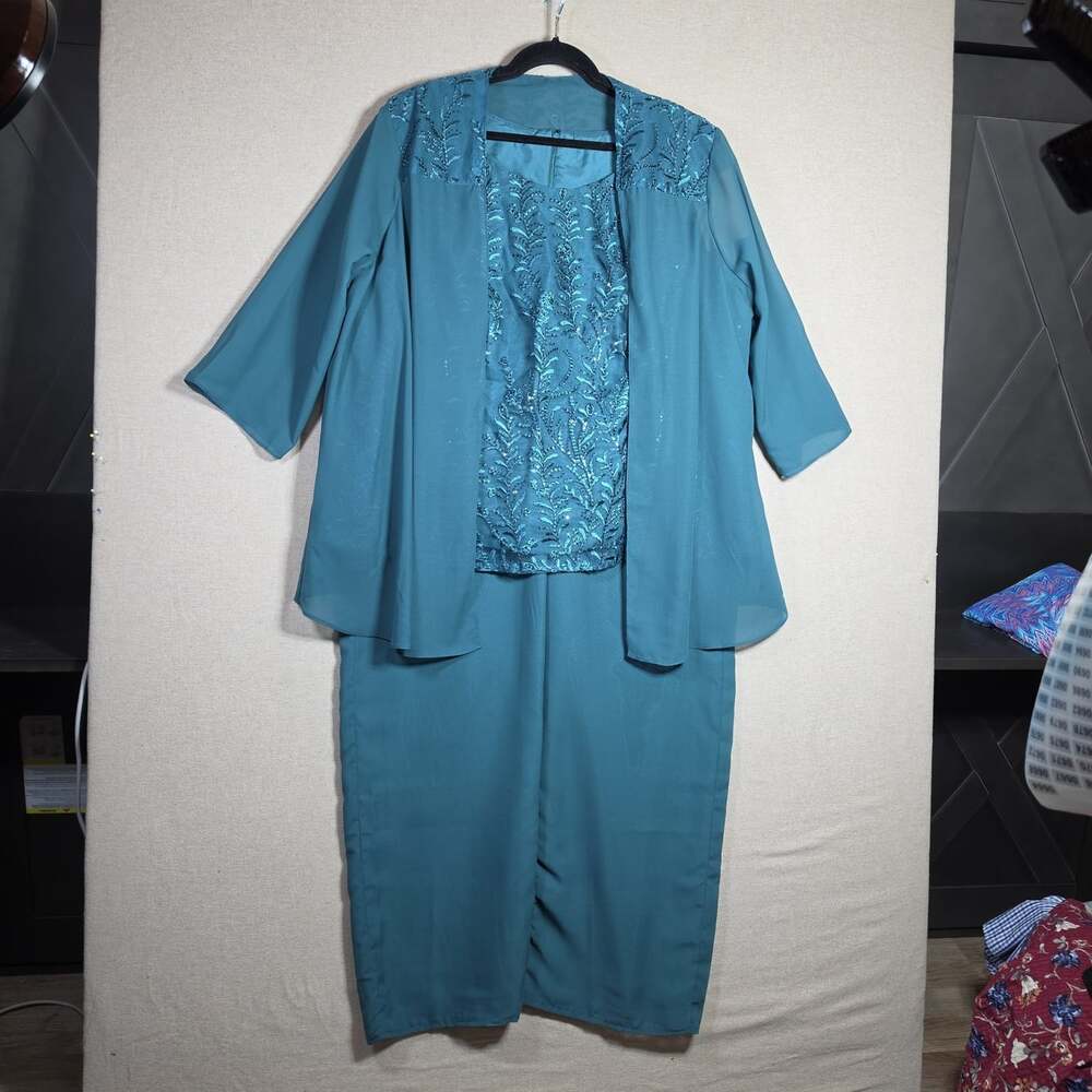 Boutique Teal Blue 3pc Chiffon embroidered sequin pants Set Plus Size 26 Formal